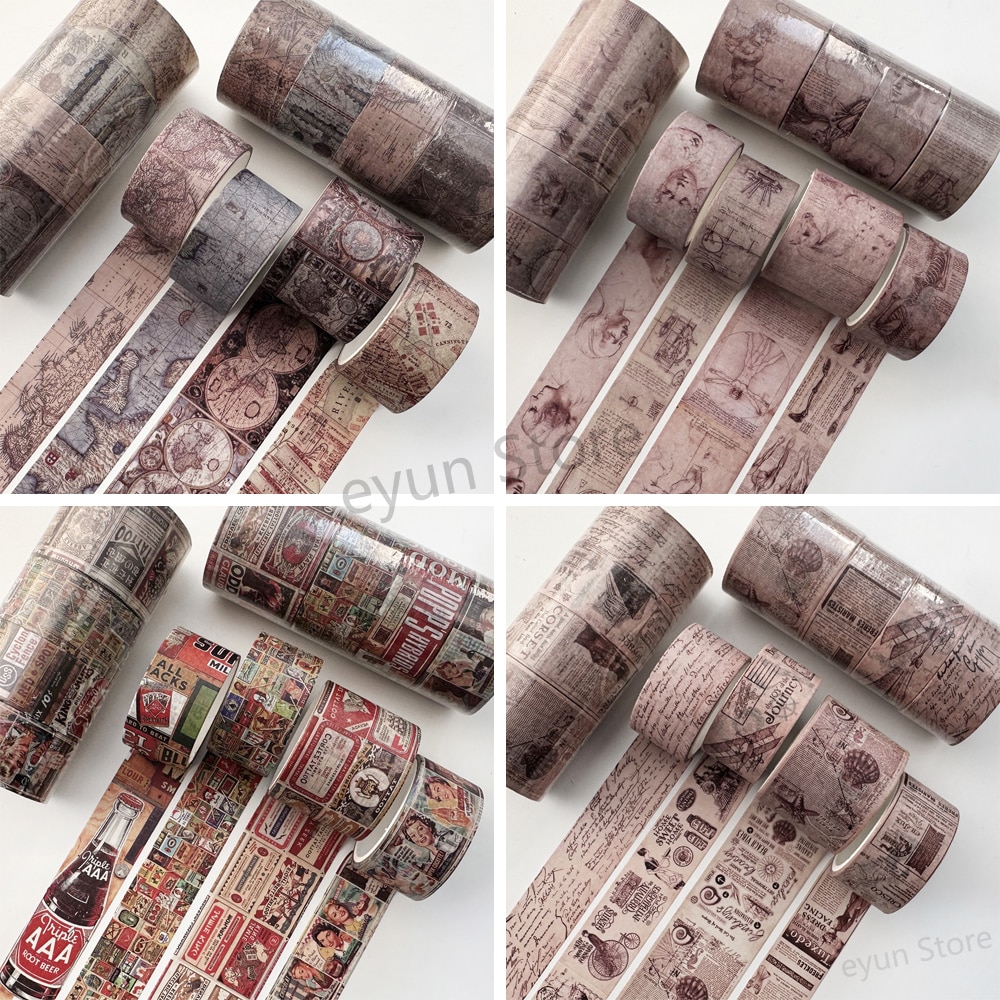 4Roll/Set Vintage Washi Tape washing sticker Decor Gift Packaging Aesthetic Junk Journal Scrapbooking Retro Masking Tapes e36cj