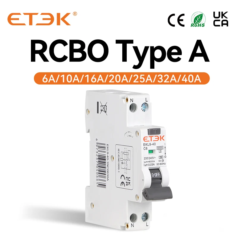 ETEK RCBO Type A Residual Automatic Circuit Breaker 6KA 1P+N 2P DPN With Over Current Leakage Protec