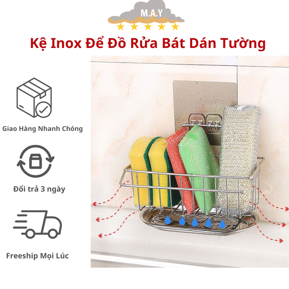 Kệ Inox Để Đồ Rửa Bát Dán Tường Kèm Khay Hứng Nước, Móc Treo Khăn Đa Năng