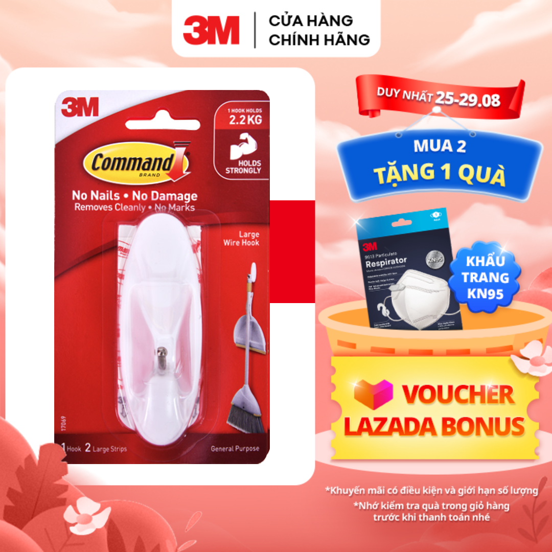 Móc dán tường đầu kim loại chịu lực 2.2kg 3M™ Command™, 17069, đầu kim loại, bám cực chắc, tải trọng 1.3kg, vỉ 1 cái