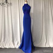 Royal Blue Halter Neck Evening Dress with Crystal Bead Detail