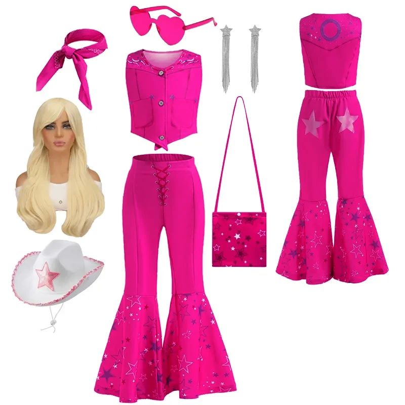 Movie Barbi Cosplay Costume For Toddler Girls Barbe Pink Top and Flared Trousers Suit Kids Halloween Birthday Party Clothes - ยี่ห้อ OEM ราคา 315 บาท*ส่งฟรี