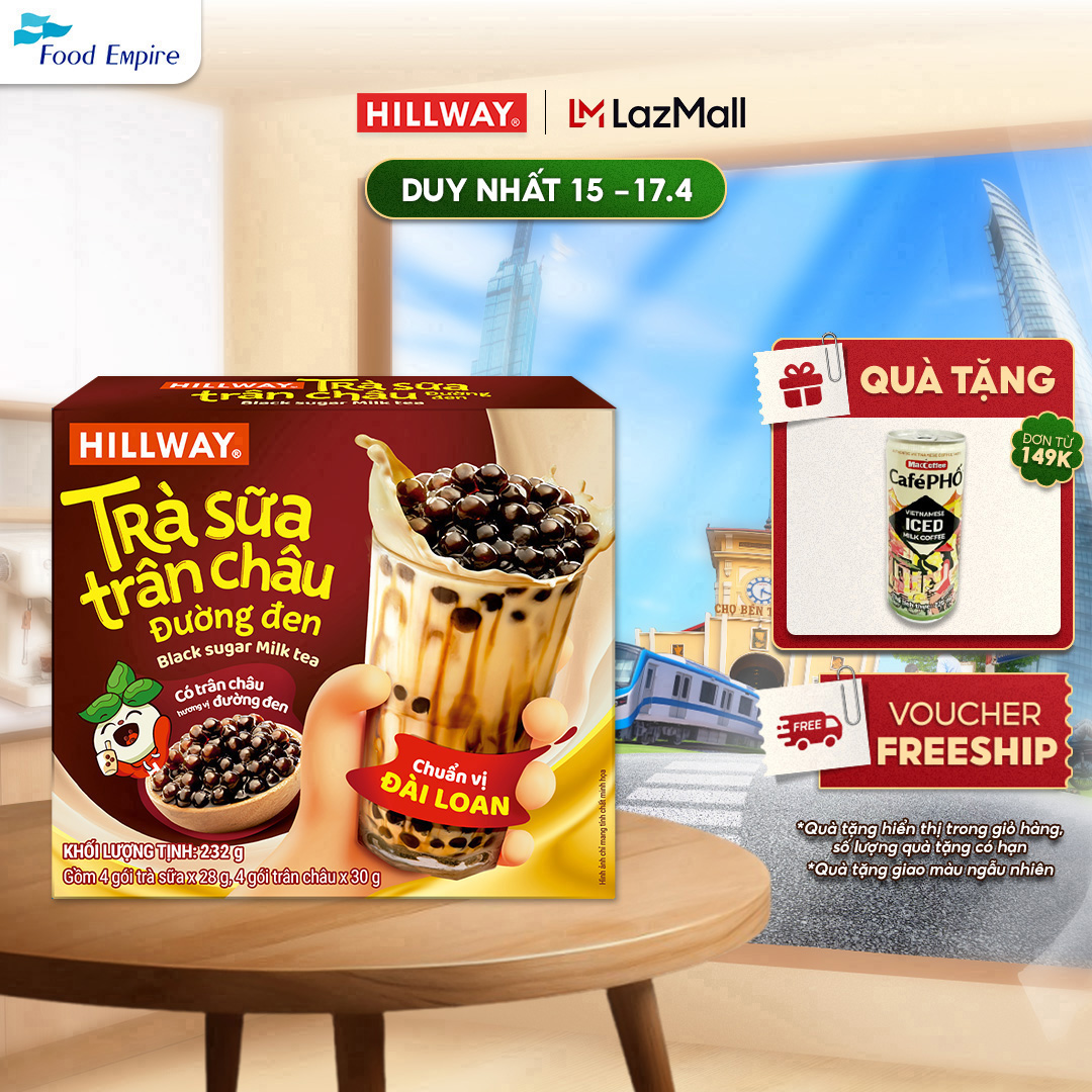 Trà sữa trân châu đường đen Hillway (4 gói trà sữa (28g) và 4 gói trân châu(30g))