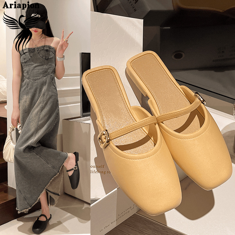 Stylish Square-Toe Mule Slippers for Women - Comfortable Flat Slip-Ons with Metal Buckle, Breathable and Anti-Slip Design for Daily Wear ราคา 75 บาท*ส่งฟรี