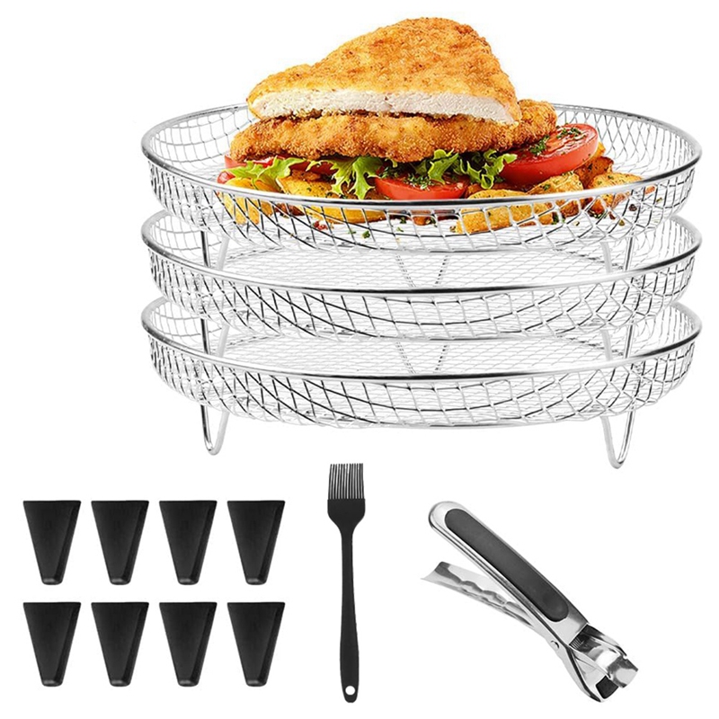 Air Fryer Rack Round 3 Layer Stackable Dehydrator Racks Silver & Black Air Fryer Accessories