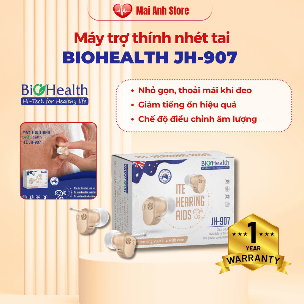 Máy trợ thính ITE nhét tai không dây Biohealth JH-907 tai nghe trợ thính đeo vừa ống tai chống ồn tốt