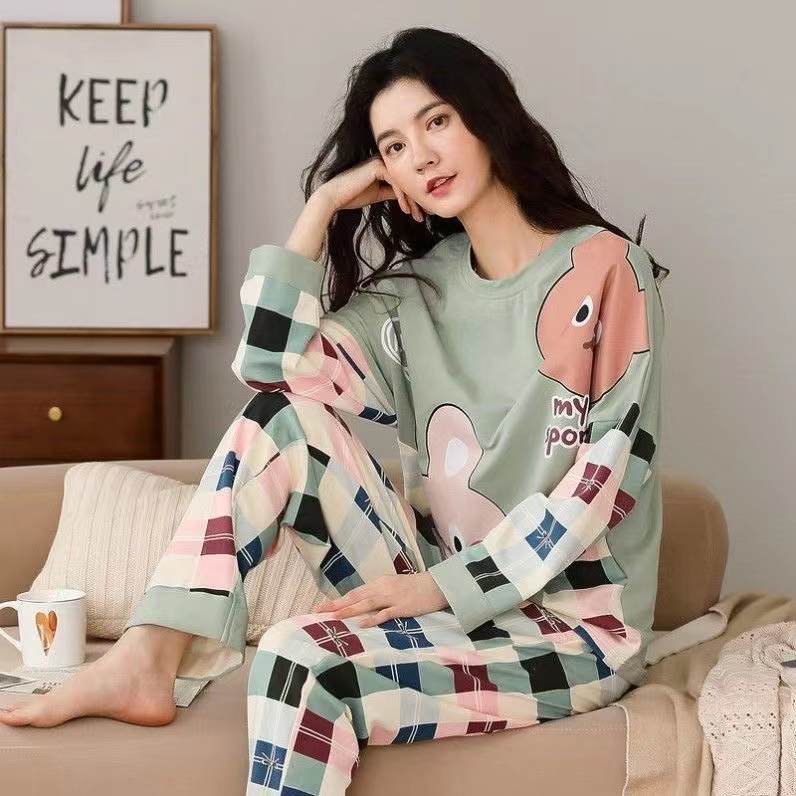 Bộ Đồ Ngủ 2 Món Gồm Áo Tay Dài Cổ Tròn Và Quần Dài Lưng Thun Thời Trang Cho Nữ