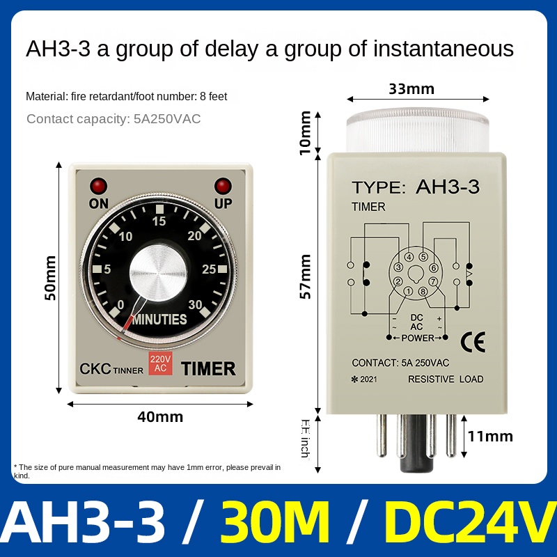 Timer Relay AH3-3-30m-dc24v | tùy chọn Rơ Le thời gian AH3-3, AH3-2 CKC, 1s-60m, AC220V/DC24V, Trễ Bật, 8 Chân, Công Nghiệp, IP50, Độ Chính Xác Cao