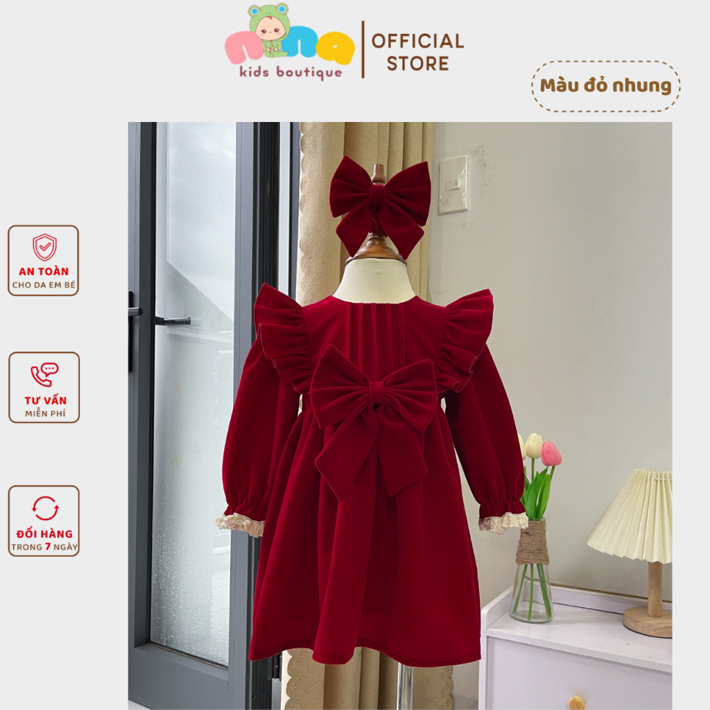 Váy thu đông cho bé gái 3kg-16kg nina kids boutique đầm bé sơ sinh kèm turban váy tết cho bé váy noel đỏ thôi nôi bé gái