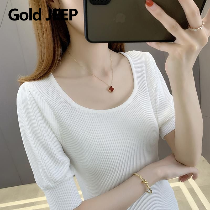 2025 New Popular Puff Sleeve Sweater Ice Silk Short Sleeve T-shirt
