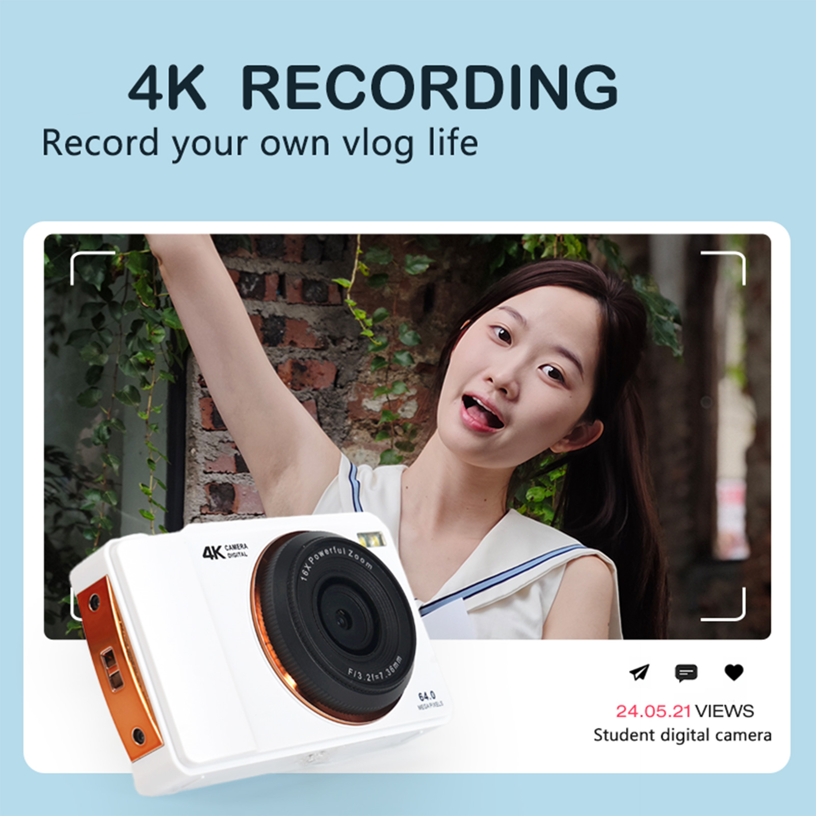 4K Digital Camera 64MP 16X Zoom Portable Dual Lens CCD with 24 Inch Screen for Student Giá 622,000 Đồng*Miễn phí vận chuyển