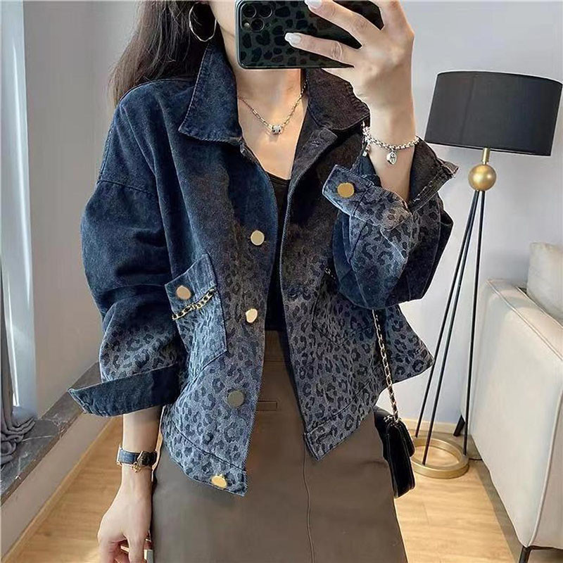 S-3XL Áo khoác nữ denim in da báo quá khổ ngắn xuân thu thời trang giản dị thanh lịch jean dáng rộng áo khoác cao bồi trang phục đường phố cỡ lỡn đen xanh đậm