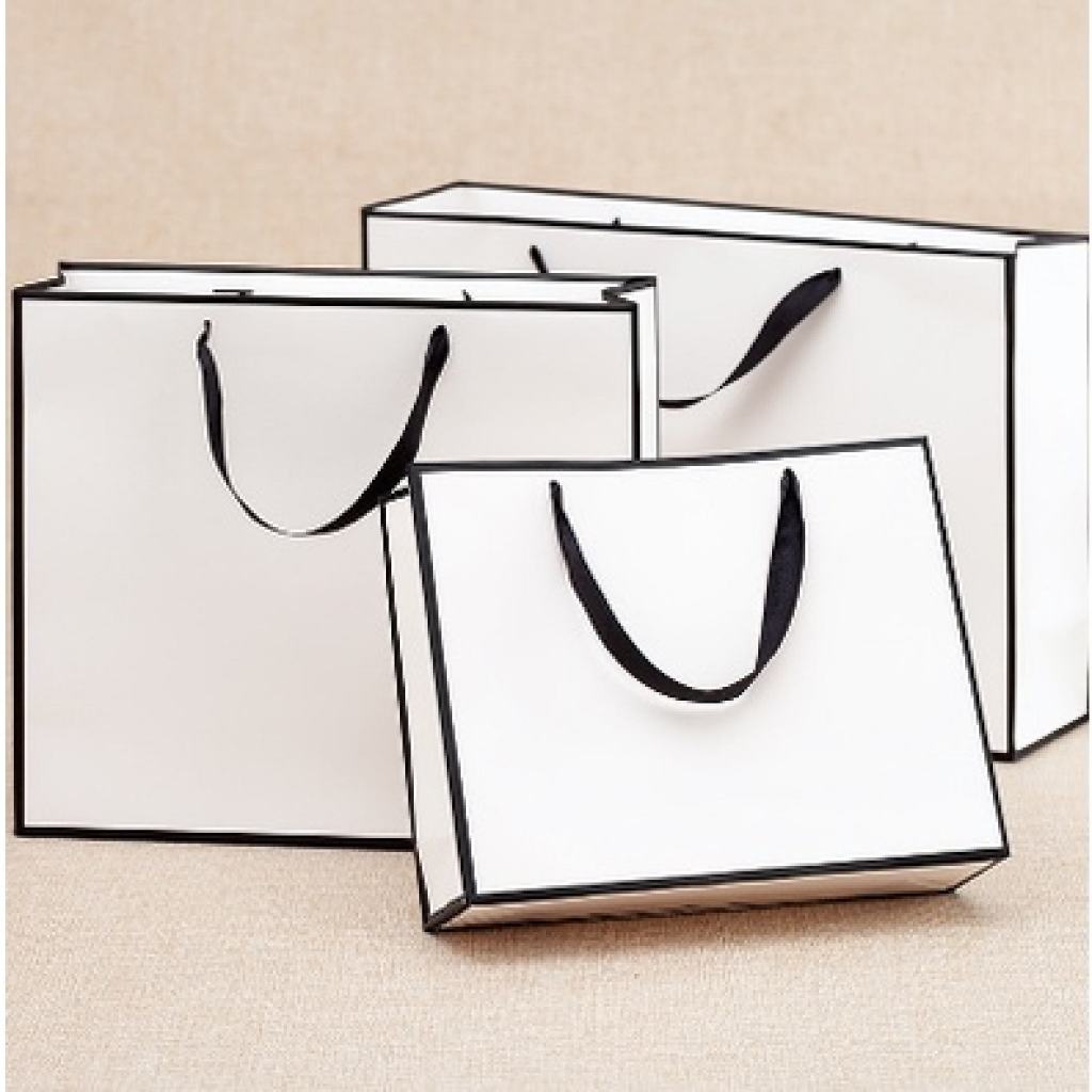 1Pc White Paper Bag W/ Black Border Gift Craft Paper Gift Plain Rope Handle Hand bag