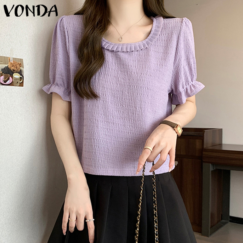 VONDA Women's Girlish Short Sleeve Texture Blouses Crew Neck Pleated Solid Leisure Blouses (Korean Floral) ราคา 145 บาท*ส่งฟรี