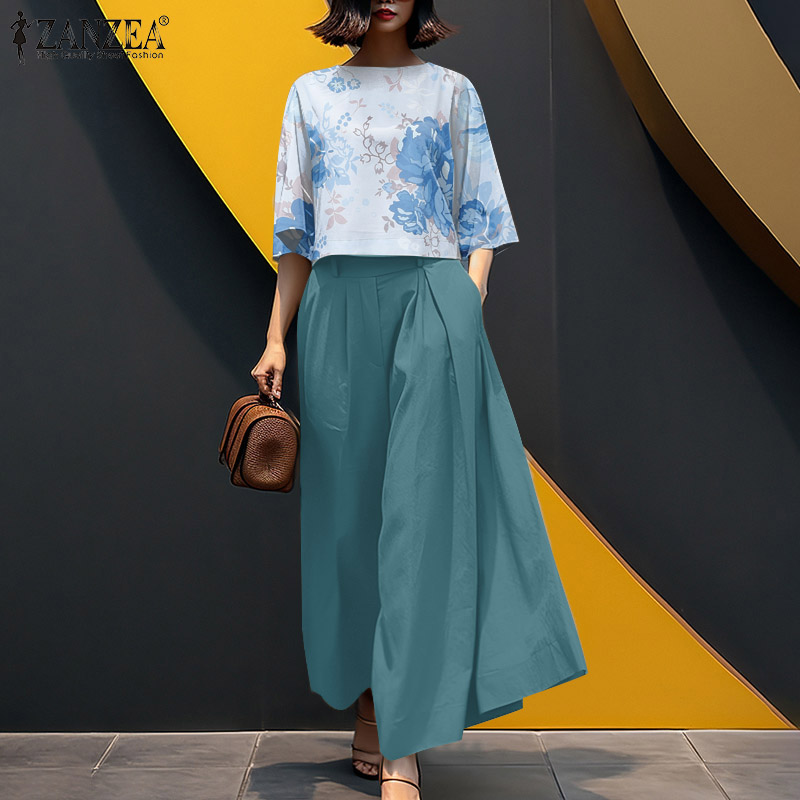 ZANZEA Women Two-piece Outfits Floral Print Three Quarter Sleeve Crew Neck Top Long Pants Elegant Sets #0317 ราคา 430 บาท*ส่งฟรี