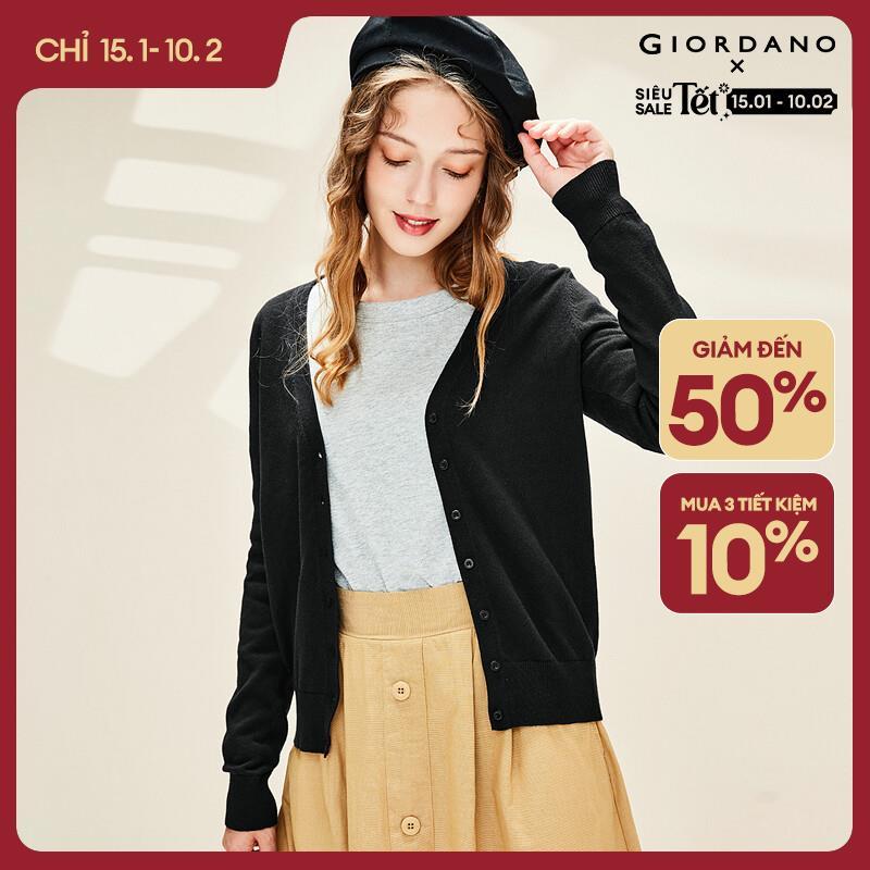 Áo len Dệt kim Nữ GIORDANO Women Thiết kế tay dài Cổ chữ V bán hở ngực 100% vải cotton Chỉnh tề Mềm 