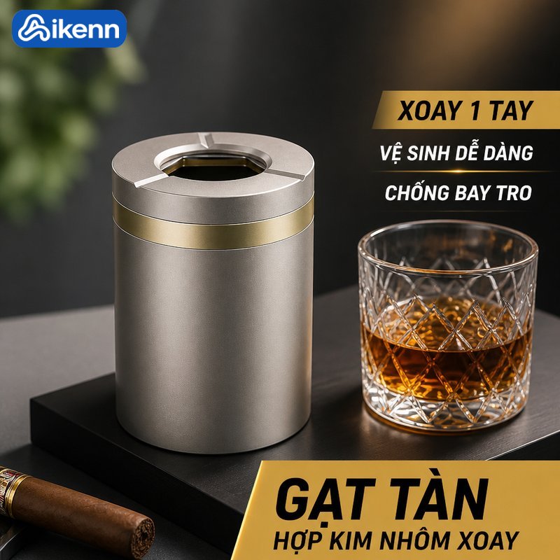 Aikenn Gạt tàn thuốc xoay 360 hợp kim nhôm cao cấp nắp trượt 1 tay chống gió chống bụi dễ vệ sinh dùng ô tô bàn làm việc
