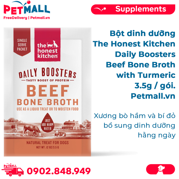 Bột dinh dưỡng The Honest Kitchen Daily Boosters Beef Bone Broth with Turmeric 3.5g - 1 gói - Xương bò hầm và bí đỏ, bổ sung dinh dưỡng hằng ngày Petmall
