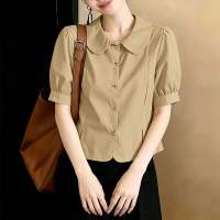 Vonda phong cách Hàn Quốc tối giản cho nữ búp bê thời trang cổ áo sơ mi A-line tay ngắn thu thập eo hàng đầu #0427