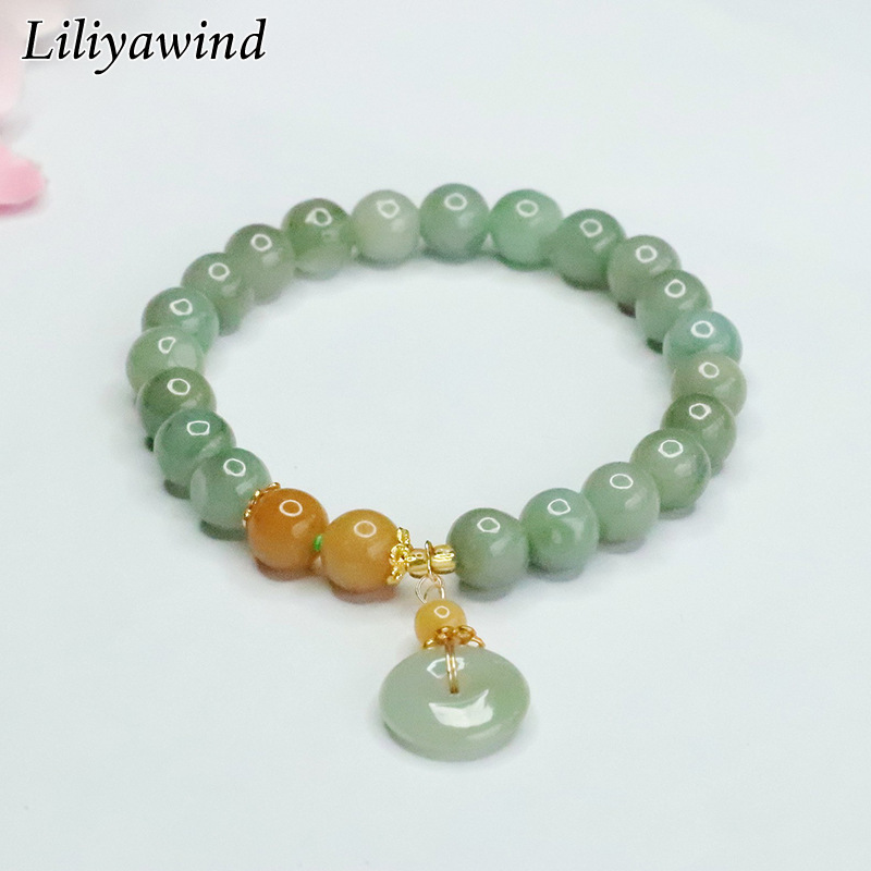 LILIYAWIND Natural Jade Light Green Beaded Safety Buckle Pendant Women Bracelet