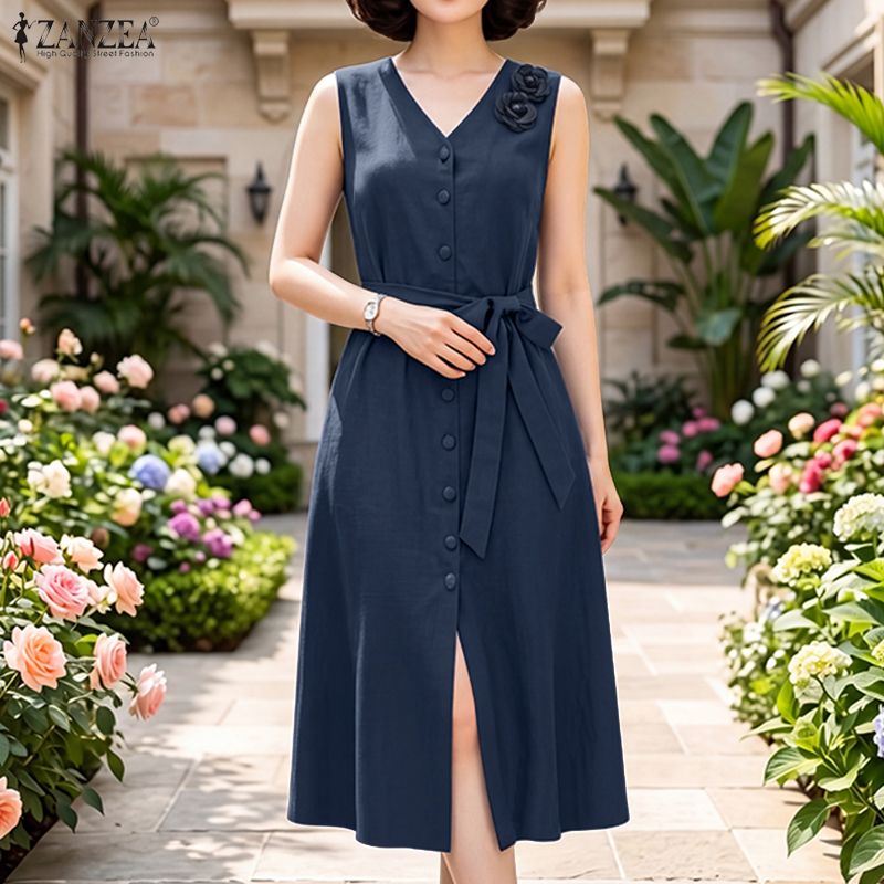 ZANZEA Korean Style Women Fashion V-Neck Sleeveless Dress Floral Applique Midi Plain Sundress #0831