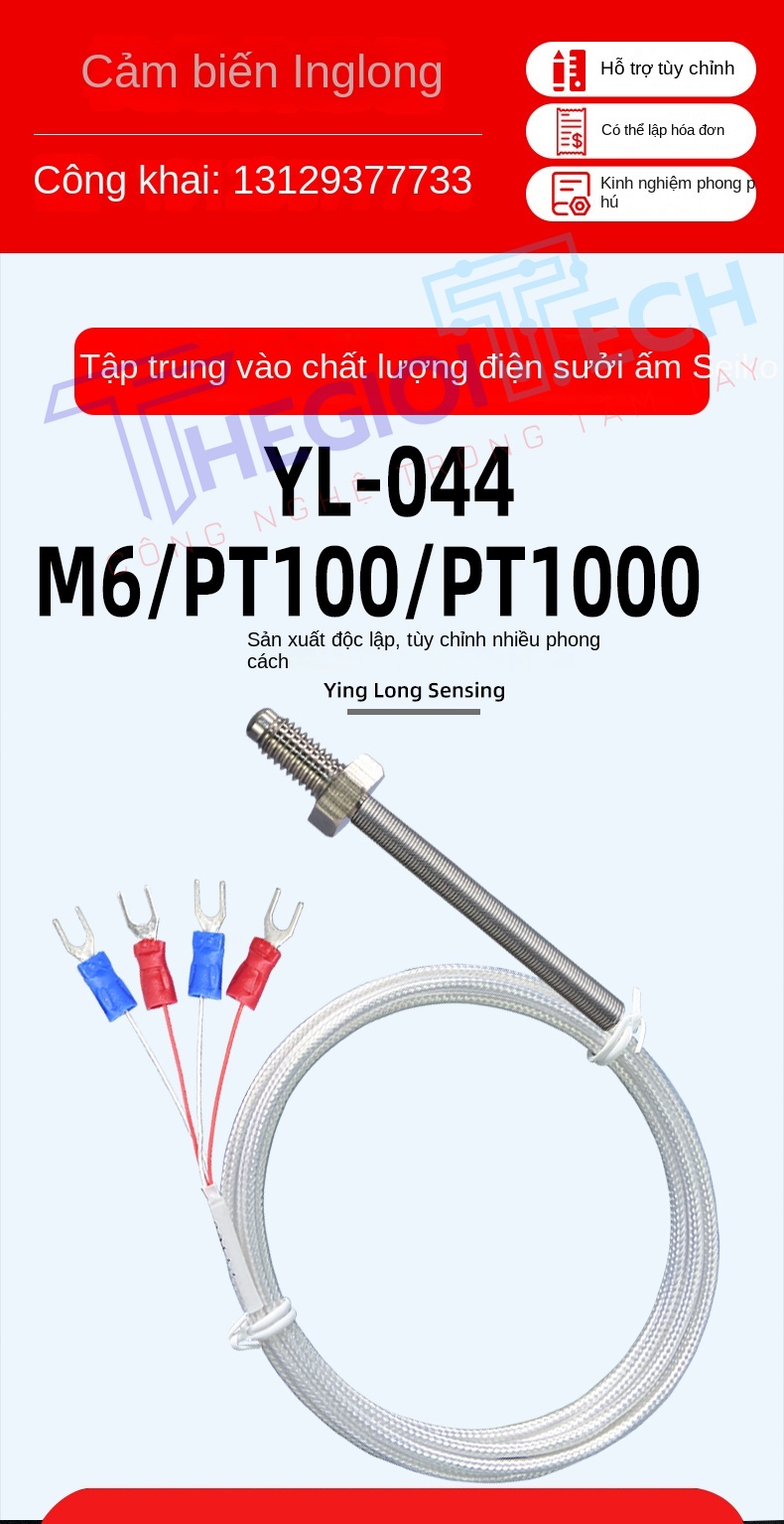Cảm biến nhiệt độ PT100PT1000 4 dây (4 lõi), ren M6, đầu dò điện trở bạch kim công nghiệp - PT100 A 0.5m M6