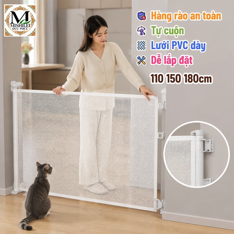 Mishilei Thanh chắn an toàn lưới PVC cuộn tự thu mềm dày khóa an toàn lắp nhanh chặn thú cưng cầu thang cửa bếp