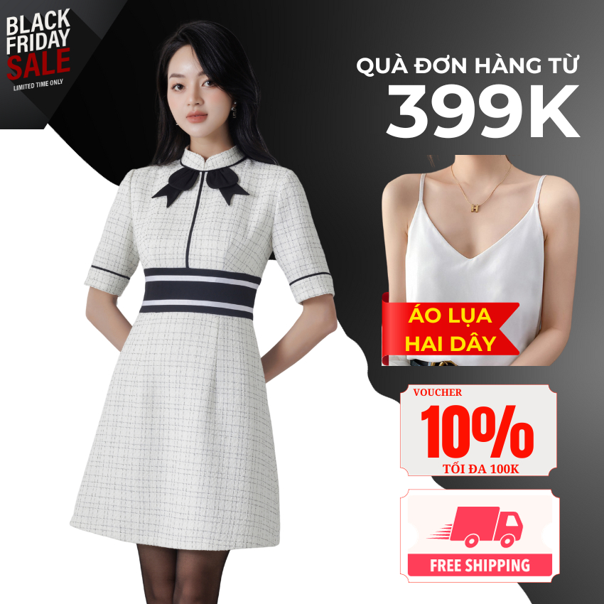 Đầm nữ FACI Julien Dress Vổ Tàu Đính Nơ, Chất Dạ Tweed Kẻ Phối Đai Eo Hai Lớp Lót Lụa FV23021