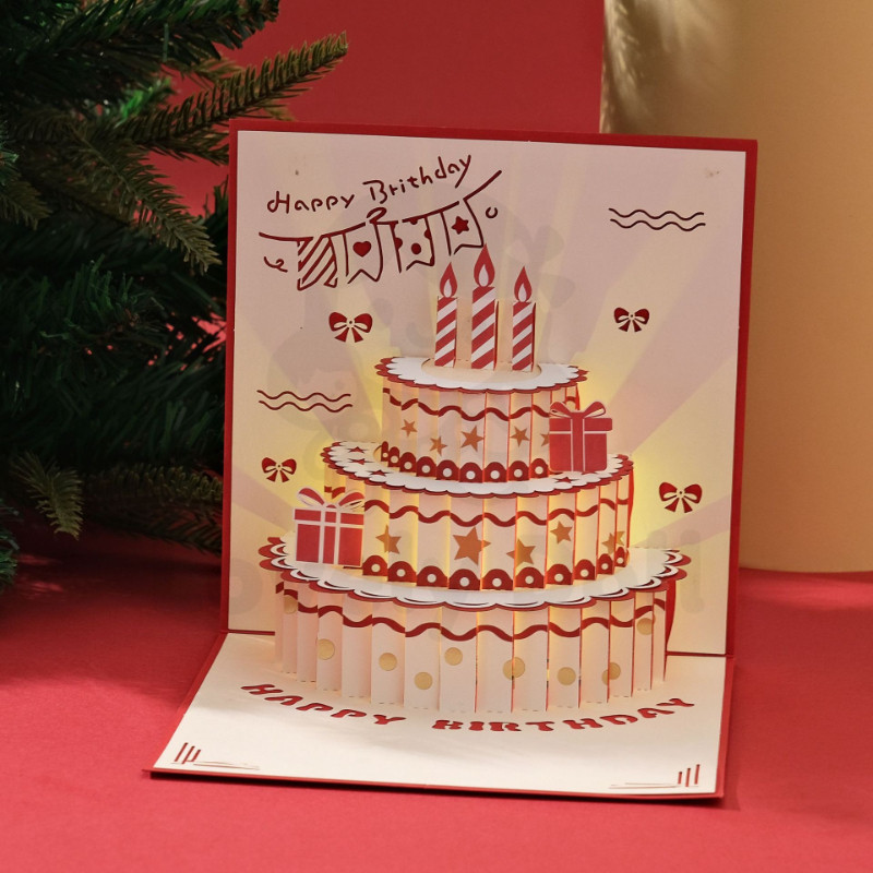 3D Birthday Card Music Light Pop Up Cake Blessing Wish Card Happy Gift With Envelope Kad Hari Jadi