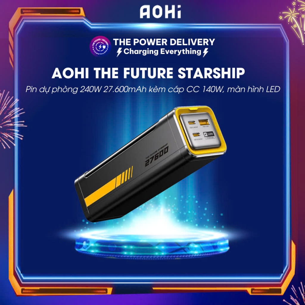 Pin dự phòng AOHI The Future Starship 240W 27.600mAh kèm cáp CC 140W, tích hợp màn hình LED