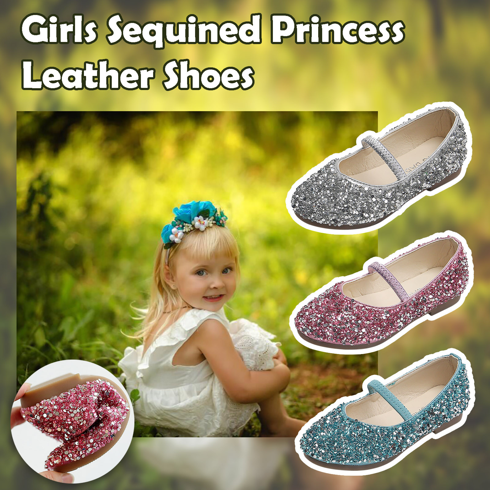 Size 2 Shoes Baby Girl Bottom Leather Shoes Children Girls Sequined Soft