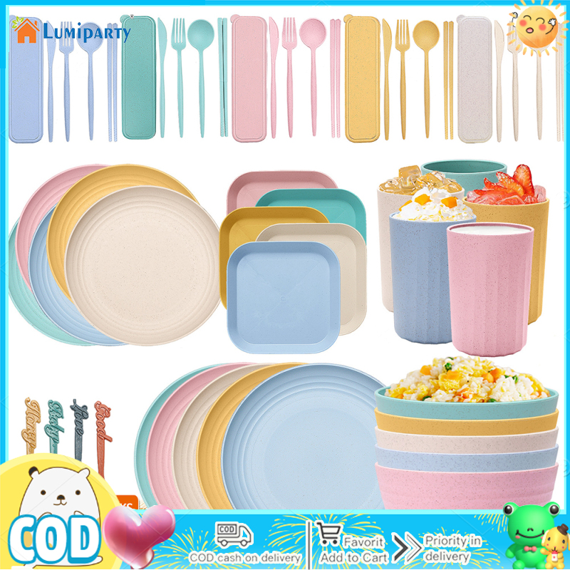 63pcs Wheat Straw Cutlery Set Household Portable Knife Fork Spoon Chopsticks Bowl Plate Dish Tableware ราคา 732 บาท*ส่งฟรี