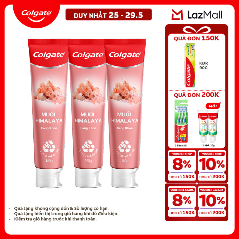 [Chỉ 25-29.5_X2 Voucher giảm 20%] Bộ 3 Kem đánh răng Colgate thiên nhiên muối Himalaya sáng khỏe 180g x3
