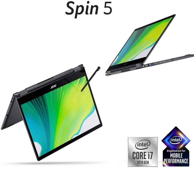Acer Spin 5 Convertible Laptop, 13.5 2K 2256 x 1504 IPS Touch, 10th Gen Intel Core i7-1065G7, 16GB LPDDR4X, 512GB NVMe SSD, WiFi 6, Backlit KB, FPR, Rechargeable Active Stylus