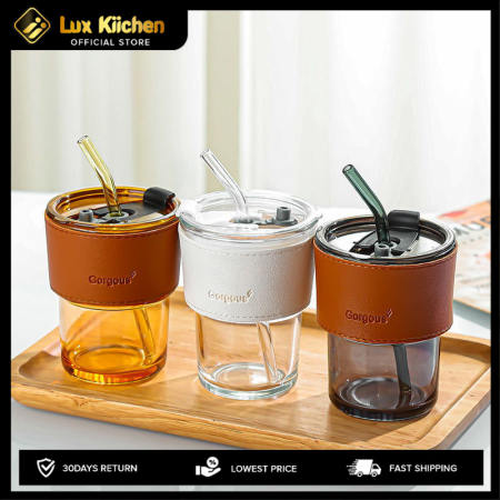 Lux Kiichen 450ml Amber Glass Tumbler with Lid & Straw