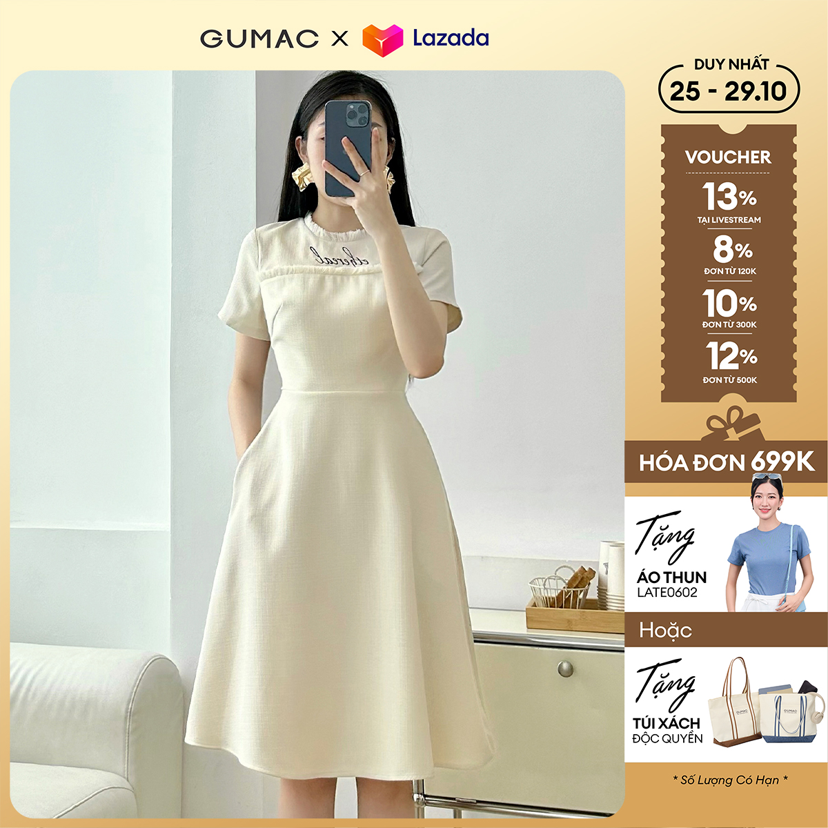 Đầm nữ A thêu chữ thời trang GUMAC LDE1027