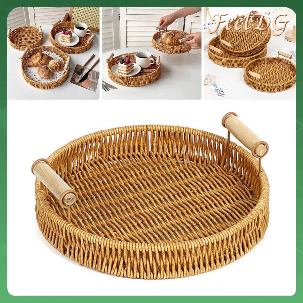 FEELDG 1Pcs Thực phẩm bánh mì ăn sáng Giỏ mây đan tay Liễu gai bánh rau quả Hình tròn Giỏ đan bằng mây nhựa Bền Đĩa đựng thức ăn Khay đựng đồ