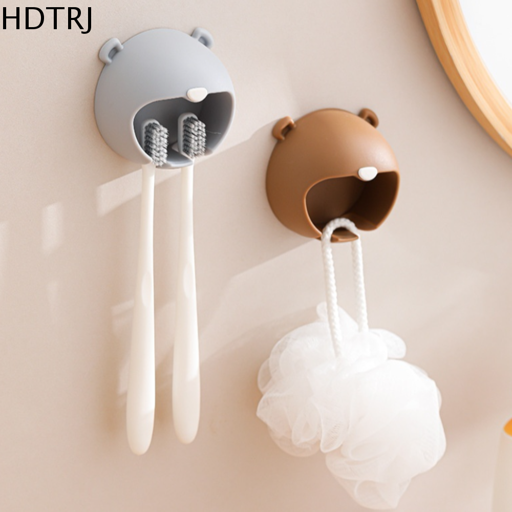 HDTRJ Hoạt hình Hộp đựng bàn chải đánh răng hình gấu Nhựa Hai khe Hộp đựng kem đánh răng Di động Treo tường không để lại dấu vết Giá để bàn chải đánh răng kem đánh răng Phòng tắm