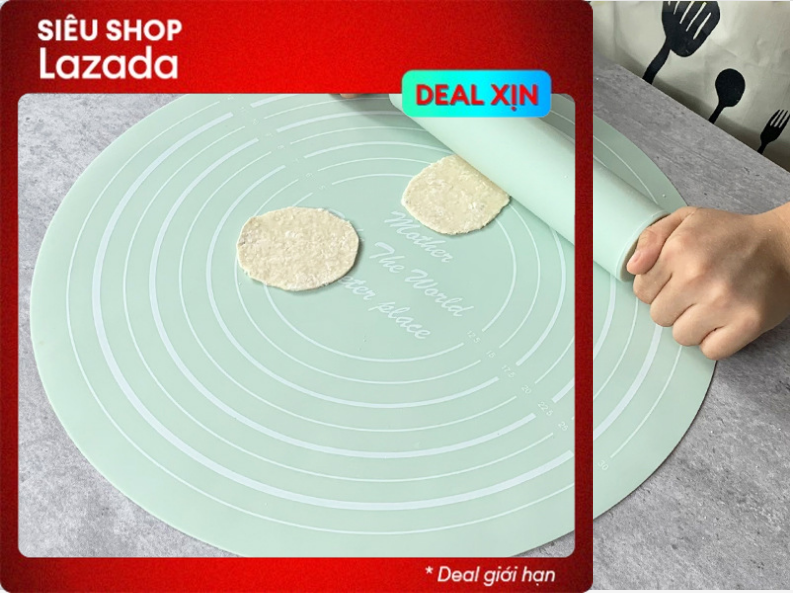 Cây lăn bột kèm thảm silicone chống dính nhào bột, Bộ dụng cụ làm bánh tiện dụng, sạch sẽ, an toàn với sức khỏe