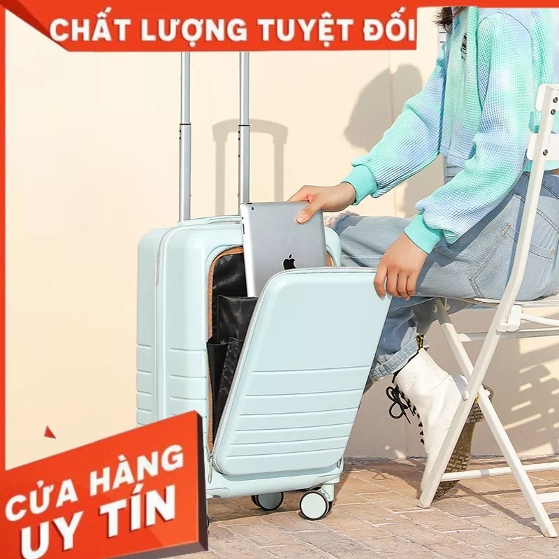 Vali du lịch 20inch LALAHOME có mật mã mẫu kẻ ngang có ngăn đựng laptop trắng và xanh bạc hà