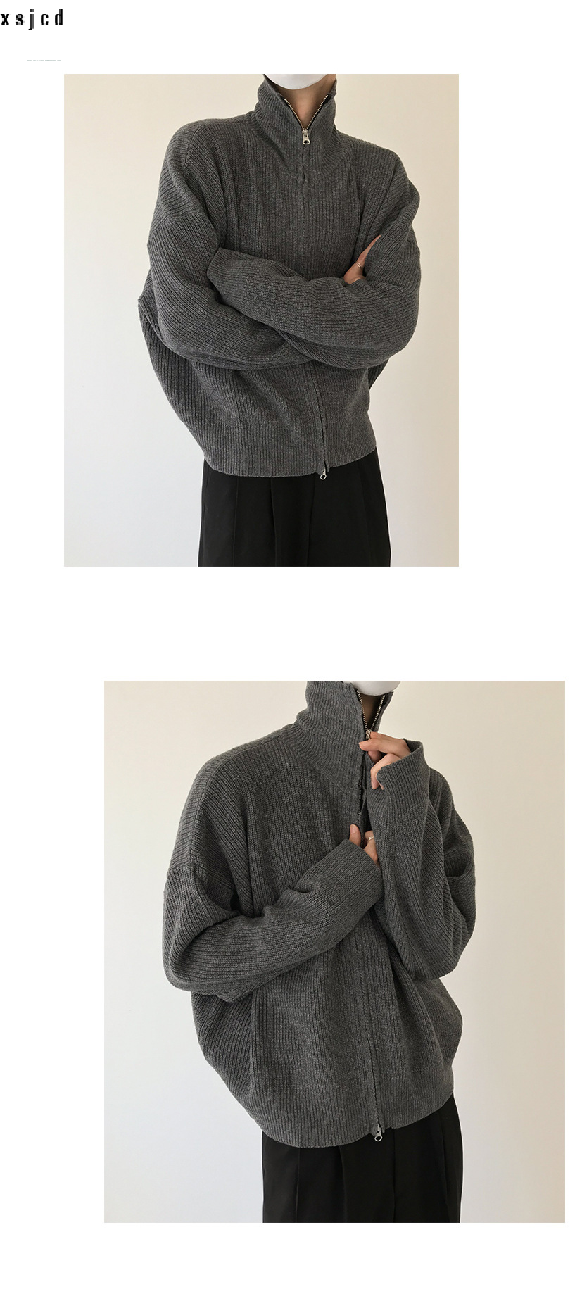 xsjcd Cardigan sweater jacket men's autumn and winter Hong Kong style solid color sweater trendy design casual stand-up540_voghion.com