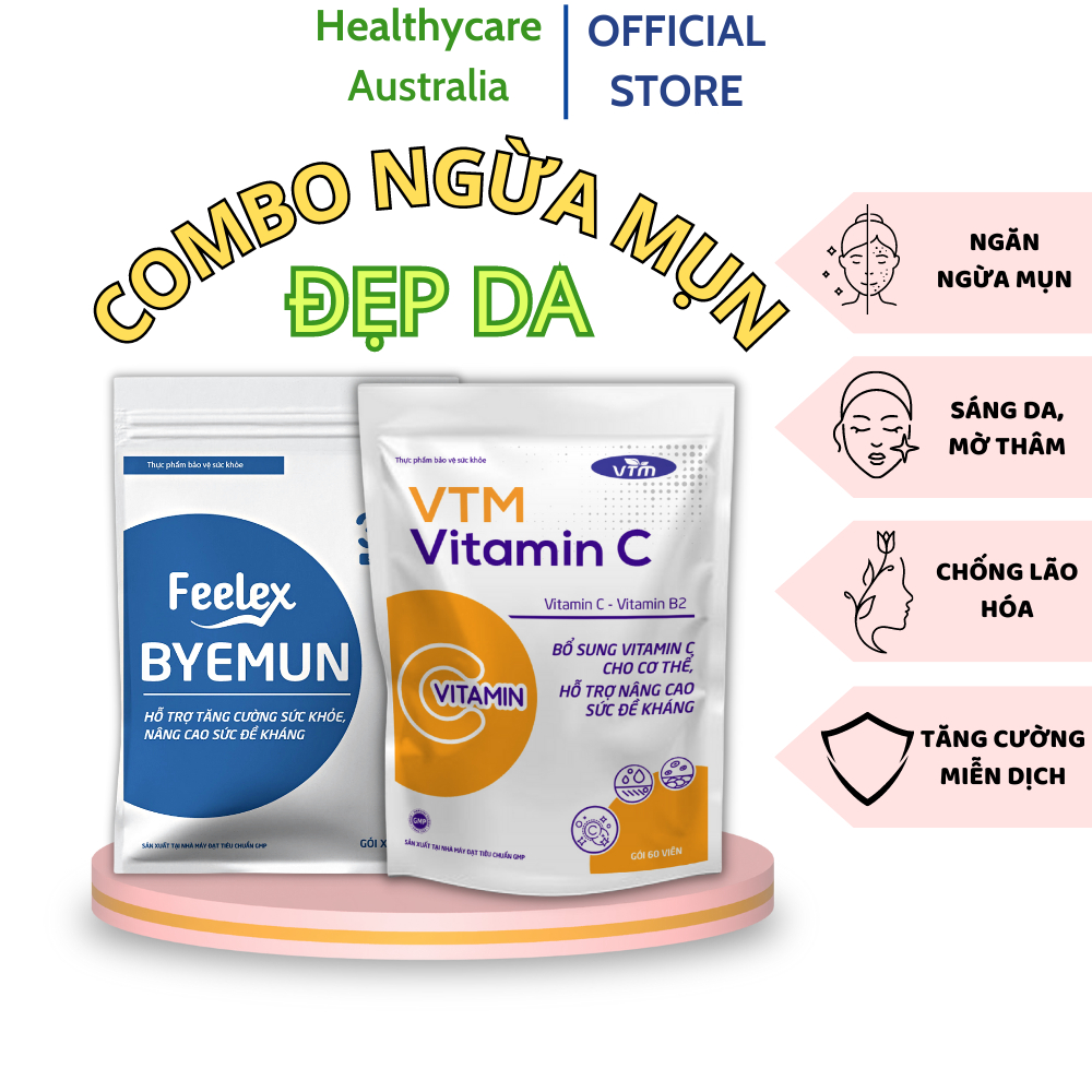 Combo Viên Uống Feelex VTM Vitamin C Và Viên uống Feelex Byemun Hỗ Trợ Tăng Đề Kháng, Làm Đẹp Da 30 Ngày Uống