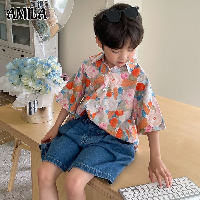 AMILA Children's Printed Shirt, Boy's Handsome Floral Short Sleeve Shirt, Soft and Comfortable ราคา 195 บาท*ส่งฟรี