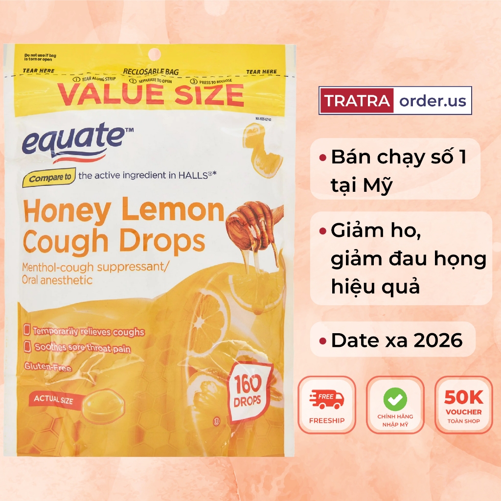 Kẹo ngậm Equate Honey Lemon Cough Drops Chanh mật ong 160 viên [Bill Mỹ]