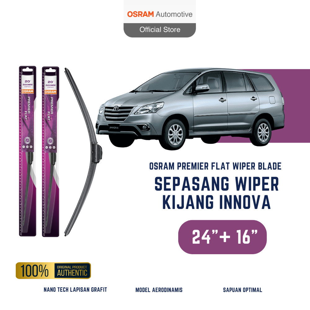 OSRAM Wiper Premier Flat Blade Mobil Toyota Kijang Innova ukuran 24 dan 16 inch - Frameless Harga 180,100 Ringgit*Penghantaran Percuma