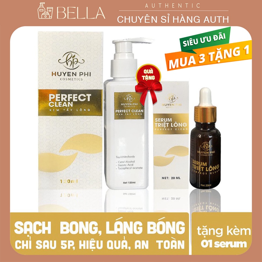 1 Set Kem Tẩy Lông Huyền Phi 120ml + Serum triệt lông 20ml Perfect Clean làm sạch lông mịn da không đau rát