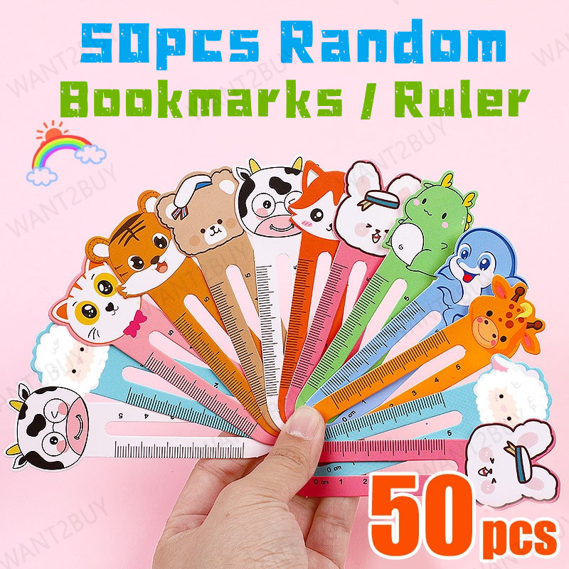 50pcs/pack Creative Cartoon Cute Animal 5cm Paper Bookmark Cardboard Ruler Kids Student School Stationery Party Gift