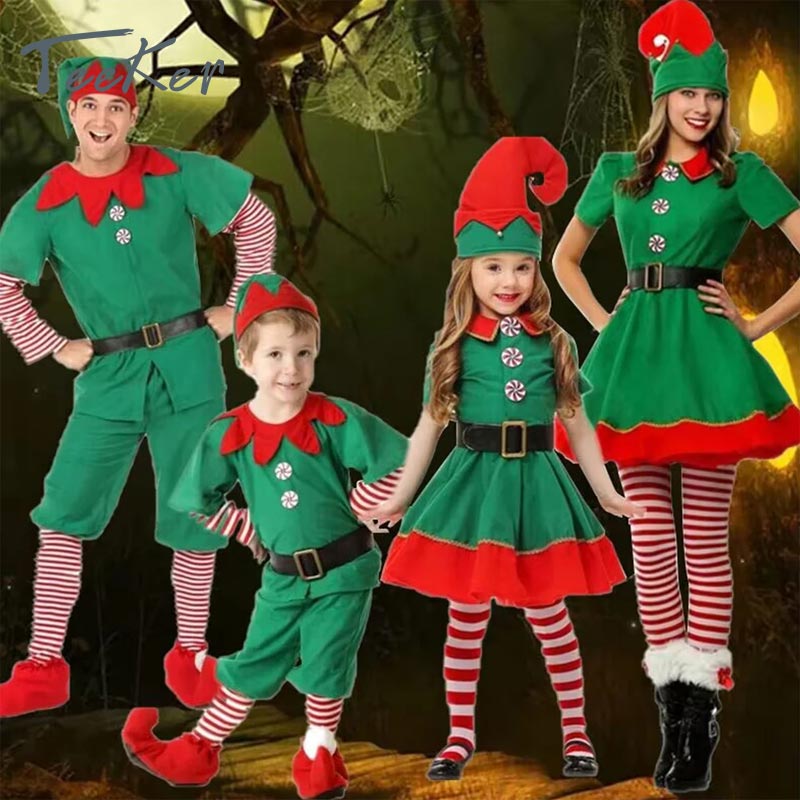 Teeker New Christmas Santa Claus Costume Green Elf Cosplay Family Carnival
