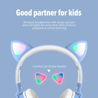 Cute LED Cat Ear Color Wireless Bluetooth Headset Music Party Over-Ear Headphones Stereo Sound Built-in Microphone Support TF Card & Aux for Kids Online Learning Noise Cancelling Headphones Bluetooth Headset with Microphone for Phones for Christmas gift