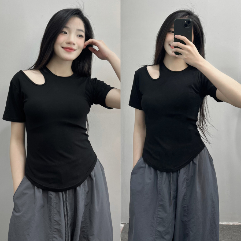 Áo Thun Nữ Cộc Tay Bigsize Sora FashionÁo Kiểu Nữ Khoét Vai Vạt Eo Che Khuyết Điểm Chất Liệu Thun Co